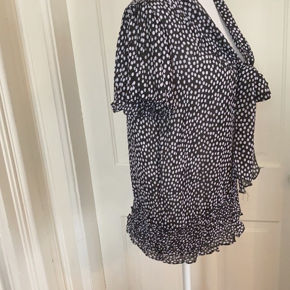 Career blouse, darling polka dot top with elastic waist, cute bow tie at neck, M - Picture 5 of 9